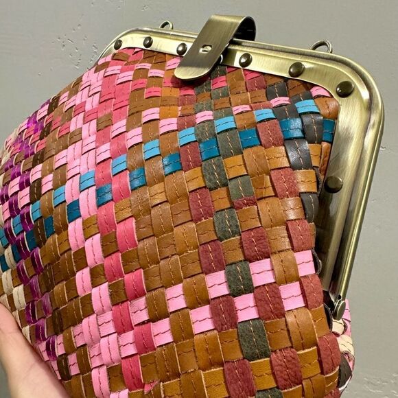 Colorful Genuine Woven Leather Retro Metal Frame & Push Lock Handbag, Crossbody - Picture 14 of 16